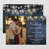 ブルーバ素朴ンウッドストリングライツ結婚の写真 招待状 (正面/裏面)