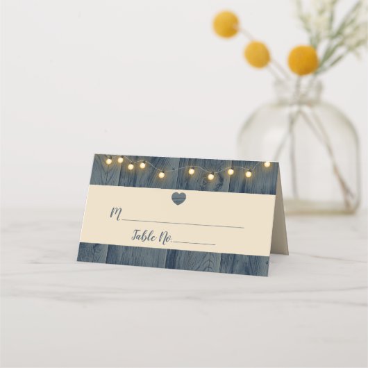 ブルーバ素朴ンウッドストリングライツ結婚ズプレイス プレイスカード (正面)