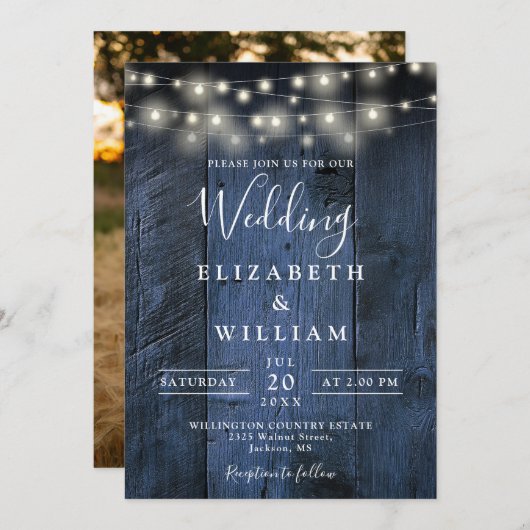 ブルーバ素朴ンウッドストリングライトフォトズ結婚ズ 招待状 (正面/裏面)
