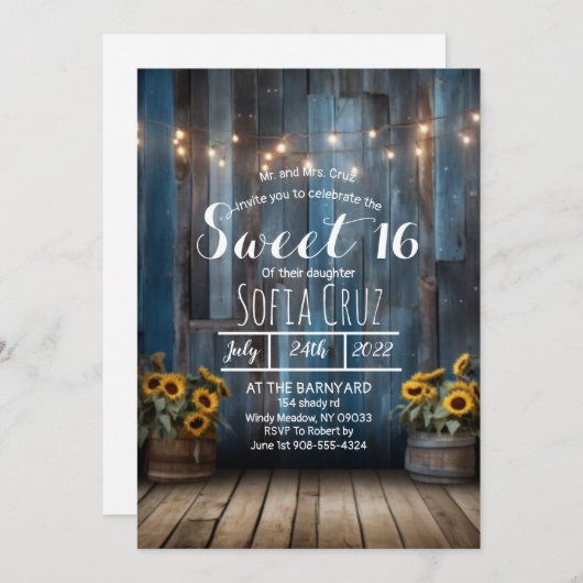 ブルーバ素朴ンサンフラワースウィート16招待状 招待状 (正面/裏面)