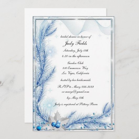 ブルーパインウィンタークリスマス結婚のブライダルシャワー 招待状 (正面/裏面)