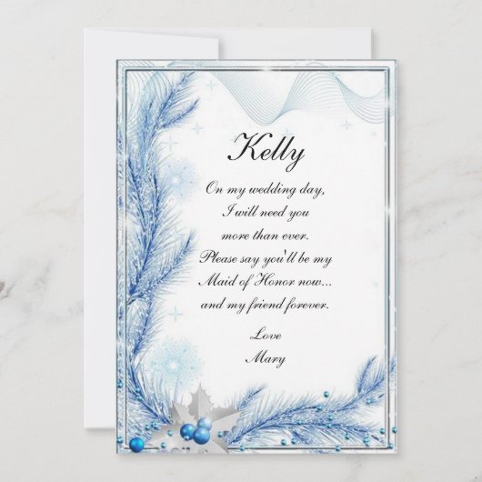 ブルーパインウィンタークリスマス結婚のメイド・オブ・オーナー（花嫁付き添い人） 招待状 (正面)