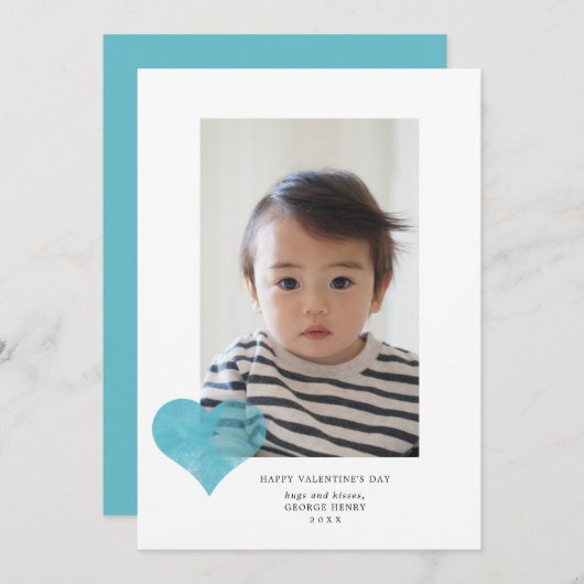 ブルーパインタリーモダンハートバレンタインデーの写真 シーズンカード (正面/裏面)