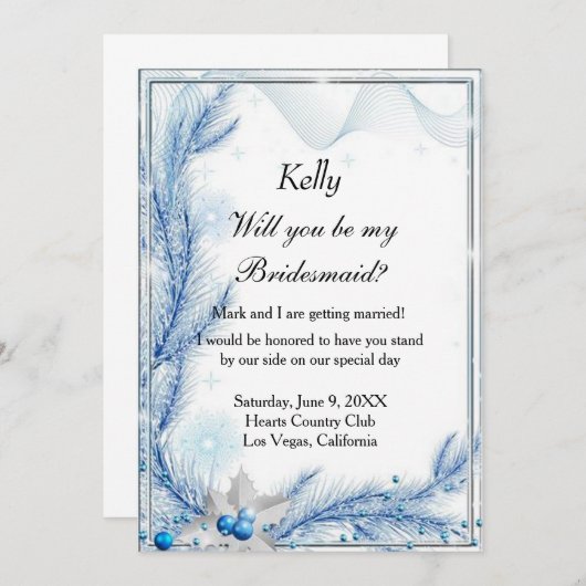 ブルーパイン冬のクリスマス結婚の花嫁カード 招待状 (正面/裏面)