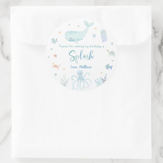 ブルーパステルアンダーザシー誕生日サンキュー ラウンドシール (バッグ)