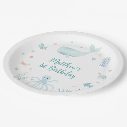 ブルーパステルアンダーザシー誕生日 ペーパープレート (アングル)