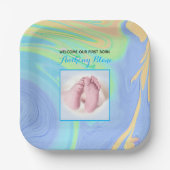 ブルーパステルウェルカムファースト生まれフォト ペーパープレート (正面)