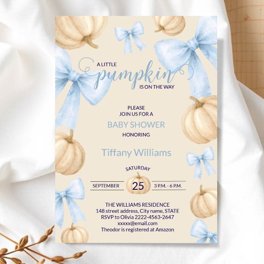 ブルーパステルウォーターカラーパンプキンリボン 招待状