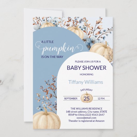 ブルーパステルウォーターカラーパンプキン秋野生の花 招待状 (正面)