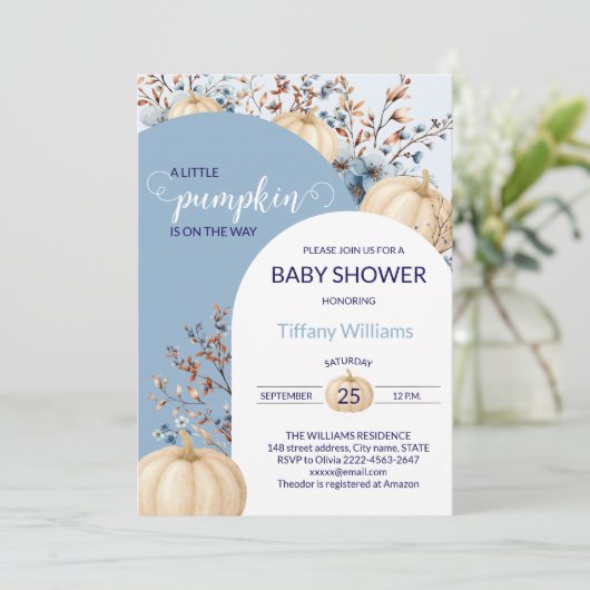 ブルーパステルウォーターカラーパンプキン秋野生の花 招待状 (スタンド正面)