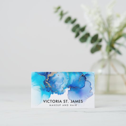 ブルーパステルウォーターカラー金ゴールドフレックス名刺 名刺 (スタンド正面)