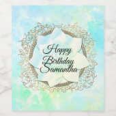 ブルーパステルエレガントズロータスフラワー誕生日 ワインラベル (シングルラベル)