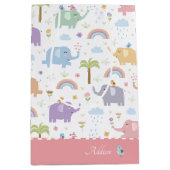 ブルーパステルエレファントパターン小さな女の子パーティー ミディアムペーパーバッグ (正面)