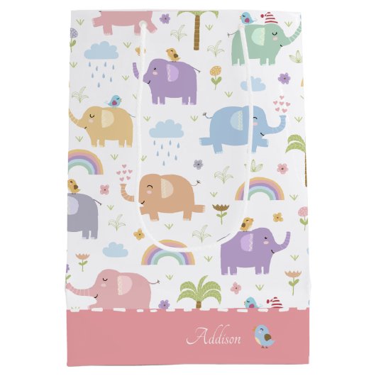 ブルーパステルエレファントパターン小さな女の子パーティー ミディアムペーパーバッグ (裏面)