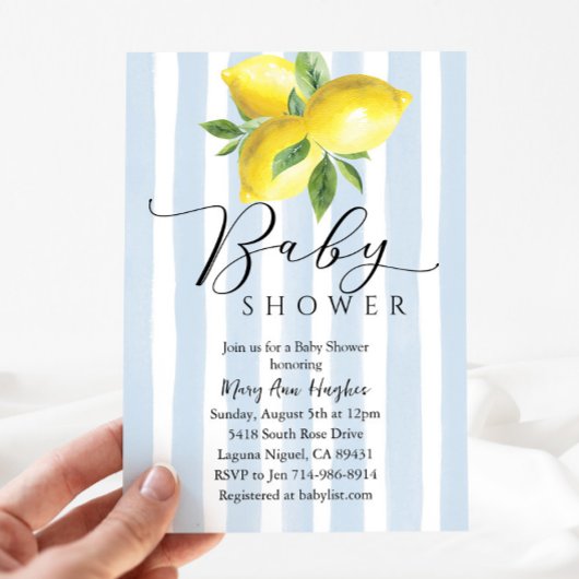 ブルーパステルストライプ レモン ベイビーシャワー 招待状
