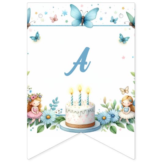ブルーパステルバタフライフェアリーファースト誕生日- バンティングフラッグ (第3の旗)