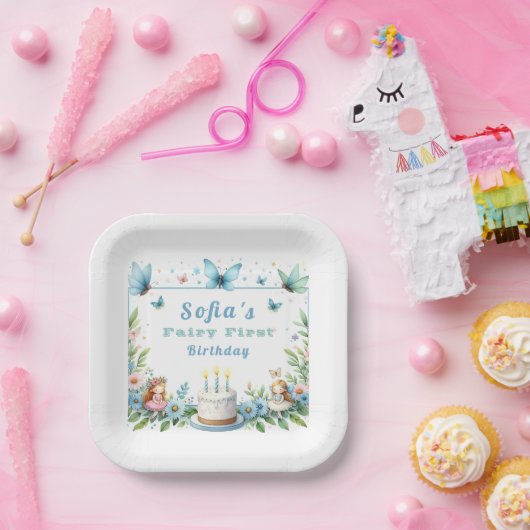 ブルーパステルバタフライフェアリーファースト誕生日- ペーパープレート (パーティー)
