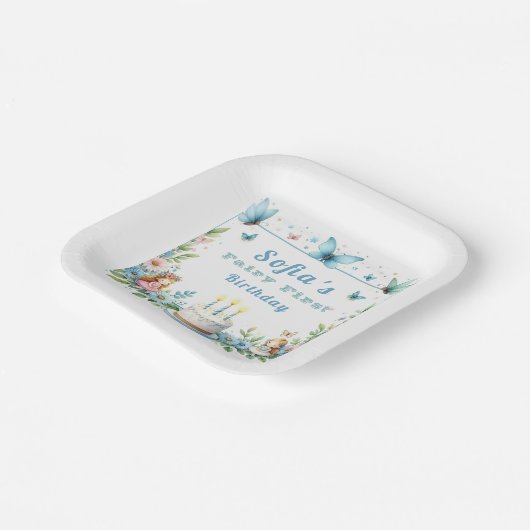 ブルーパステルバタフライフェアリーファースト誕生日- ペーパープレート (傾斜あり)