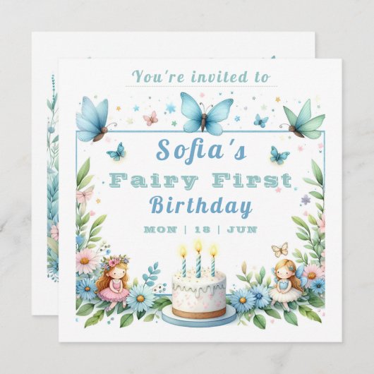 ブルーパステルバタフライフェアリーファースト誕生日- 招待状 (正面/裏面)