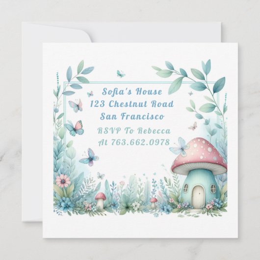 ブルーパステルバタフライフェアリーファースト誕生日- 招待状 (裏面)