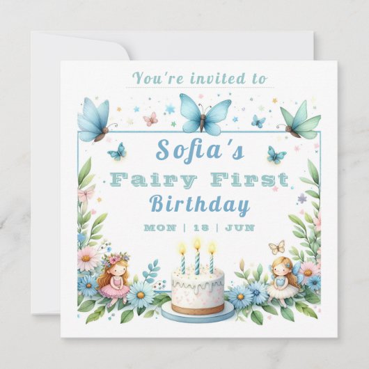 ブルーパステルバタフライフェアリーファースト誕生日- 招待状 (正面)