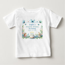 ブルーパステルバタフライフェアリー ファーストバースデー - ベビーTシャツ
