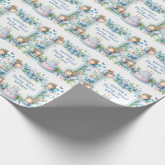 ブルーパステルフローラフェアリーファースト誕生日- ラッピングペーパー (角)