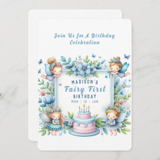 ブルーパステルフローラフェアリーファースト誕生日- 招待状 (正面/裏面)
