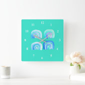 ブルーパステルレトロレインボー スクエア壁時計 (ホーム)