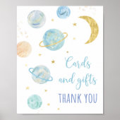 ブルーパステル宇宙カードとギフト誕生日サイン ポスター (正面)