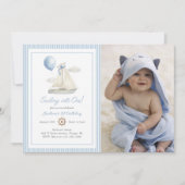 ブルーパステル航海のセイルボート1stバースデーフォト 招待状 (正面)