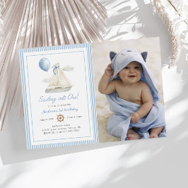 ブルーパステル航海のセイルボート1stバースデーフォト 招待状