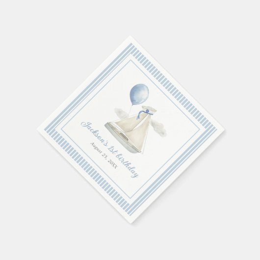 ブルーパステル航海のセイルボート1st誕生日 スタンダードカクテルナプキン (角)
