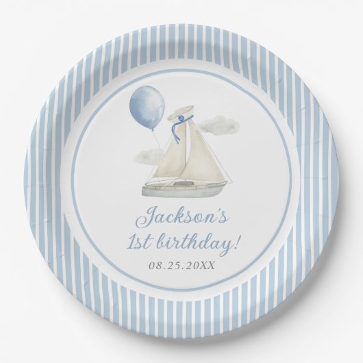 ブルーパステル航海のセイルボート1st誕生日 ペーパープレート (正面)