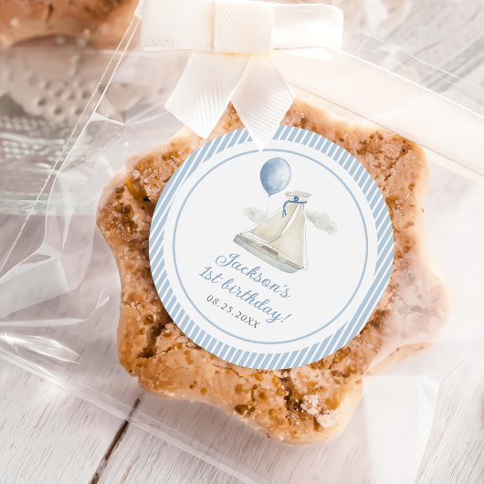 ブルーパステル航海のセイルボート1st誕生日 ラウンドシール