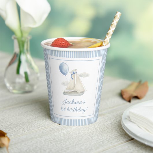 ブルーパステル航海のセイルボート1st誕生日 紙コップ (インサイチュ)