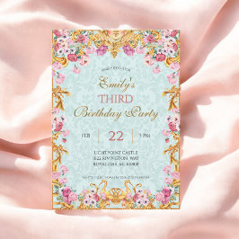 ブルーパステル金ゴールドサードバロックロココ誕生日 招待状