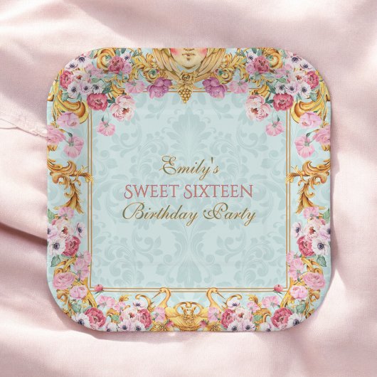 ブルーパステル金ゴールドスウィート16バロックロココ誕生日 ペーパープレート