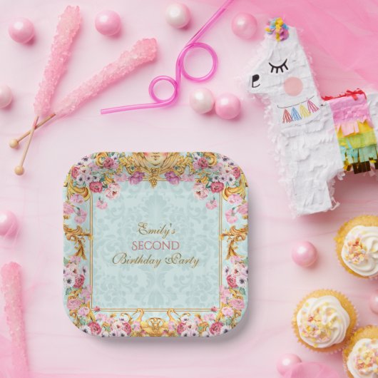 ブルーパステル金ゴールドセカンドバロックロココ誕生日 ペーパープレート (パーティー)