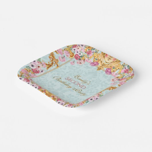 ブルーパステル金ゴールドセカンドバロックロココ誕生日 ペーパープレート (傾斜あり)