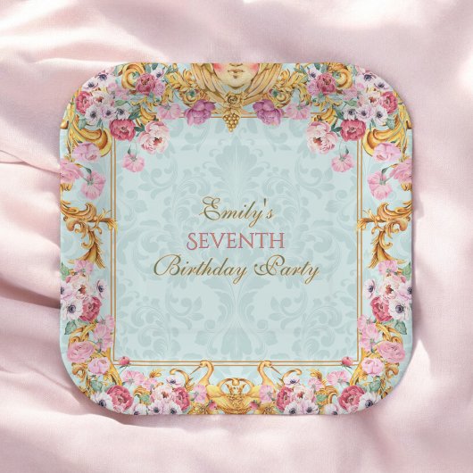 ブルーパステル金ゴールドセブンスバロックロココ誕生日 ペーパープレート