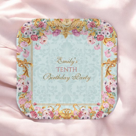 ブルーパステル金ゴールドティテッドバロックロココ誕生日 ペーパープレート