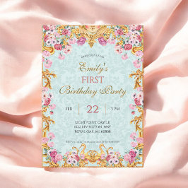 ブルーパステル金ゴールドファーストバロックロココ誕生日 招待状