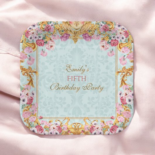 ブルーパステル金ゴールドフィフスバロックロココ誕生日 ペーパープレート