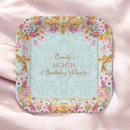 ブルーパステル金ゴールド第八バロックロココ誕生日 ペーパープレート