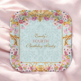 ブルーパステル金ゴールド第四バロックロココ誕生日 ペーパープレート