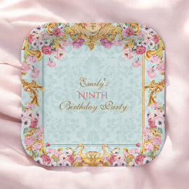 ブルーパステル金ゴールド9バロックロココ誕生日 ペーパープレート