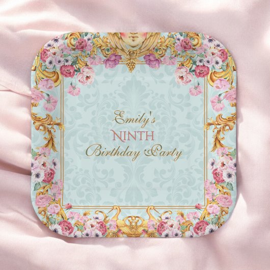 ブルーパステル金ゴールド9バロックロココ誕生日 ペーパープレート