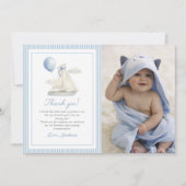 ブルーパステル ネイビー セーリングボート 1歳 誕生日写真 サンキューカード (正面)