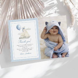 ブルーパステル ネイビー セーリング ボート 1歳 誕生日 写真 サンキューカード